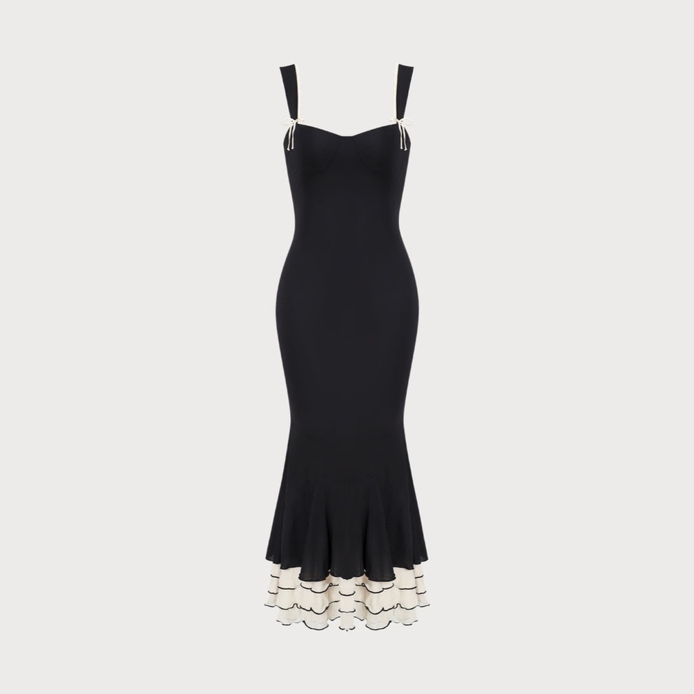 NWT RIHOAS XL Black Midi Dress Contrast Cream Ruffle Hem Sleeveless Elegant - Picture 4 of 10